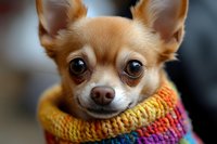 Small brown chihuahua puppy wearing colorful knitted rainbow scarf looking at camera with big dark eyes for pet fashion and winter clothing concepts.