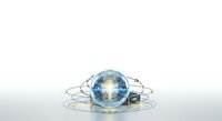 Glowing digital sphere with orbiting rings and circuit patterns on white background, isolated for technology and innovation design projects.