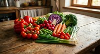 Fresh organic vegetables arranged on rustic wooden table in cozy farmhouse kitchen. Healthy eating and farm-to-table cooking concept with seasonal produce.
