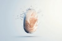 Disintegrating fingerprint with particles scattering in space against light background, representing digital security and biometric identification technology.