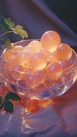 Glowing translucent spheres in glass bowl with soft purple backdrop and green foliage, creating ethereal mood for wellness and spa concepts.
