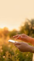 Hands holding smartphone with protective gesture in warm golden sunset light outdoors for technology and communication concepts.