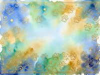 Watercolor background with paw prints and stars in blue, green, and golden yellow tones, featuring decorative swirls and ornamental border, suitable for pet-related designs and animal-themed projects.