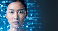 Young Asian woman with facial recognition technology overlay and digital network connections on blue tech background for AI security applications.