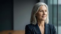 Senior woman with long gray hair and fair complexion wearing dark blazer, looking thoughtfully to the side in modern office setting with soft natural lighting.