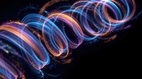 Glowing neon spiral ribbons with blue and orange light trails creating dynamic energy flow on dark background for digital art and futuristic designs.