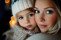 Close up portrait of young Caucasian mother and daughter with blue eyes wearing winter knit accessories against blurred bokeh lights background. Tender family moment.