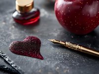 Red glitter heart shape with golden fountain pen and apple on dark slate surface for romantic writing, love letters, Valentine's Day cards and stationery.