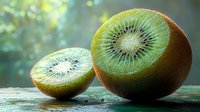Fresh juicy kiwi fruit cut in half showing bright green flesh and black seeds on dark surface with natural bokeh background, macro food photography.
