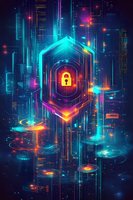 Futuristic cybersecurity shield with glowing padlock surrounded by neon data streams and digital circuits for technology protection concepts.
