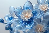 Delicate blue crystal flowers with white pearl centers create an ethereal arrangement against soft background, showcasing elegant floral artistry and glass craftsmanship.