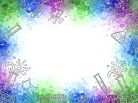 Colorful science laboratory equipment border frame with test tubes, beakers and molecular structures on white background for educational materials.
