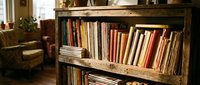 Vintage wooden bookshelf filled with colorful books in cozy home library interior with warm natural lighting and comfortable reading chair.