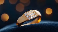 Elegant gold ring with diamond pavé setting on dark background with warm bokeh lights, showcasing luxury jewelry craftsmanship and romantic ambiance.