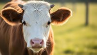 Young brown and white dairy calf with large ears looking directly at camera in sunny farm pasture with warm golden hour lighting and blurred barn background.