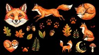 Collection of isolated fox illustrations and autumn nature elements on transparent background, ready for t-shirt design, clipart, stickers, sublimation, and print-on-demand projects.
