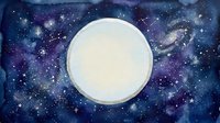 Watercolor night sky with full moon, stars, galaxy, and constellations on deep blue and purple cosmic background for cards and posters.