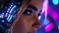 Young woman face profile with neon lights in background creating atmospheric nightclub mood, dramatic lighting highlights facial features and makeup.