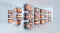 Futuristic digital storage system with glowing orange data cubes floating in organized grid formation representing cloud computing and information technology.