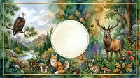 Watercolor forest scene with eagle, deer, fox, owl and rabbit surrounding a blank round frame, vibrant wildflowers and trees in background.