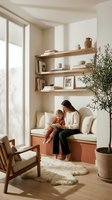 Mother and toddler reading together on cozy window seat with floating shelves in warm minimalist living room interior with natural light and houseplant.