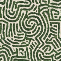 Abstract maze-like pattern in dark green and beige colors featuring curved lines and spiral shapes creates seamless geometric background for textile and surface design.