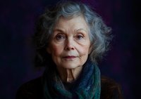 Senior Caucasian woman with silver curly hair wearing green scarf and brown sweater against dark background, soft lighting highlights natural aging features and gentle expression.