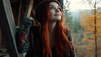 Young woman with long red hair wearing plaid shirt gazes upward dreamily against autumn forest background with golden foliage and soft natural lighting.