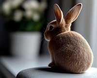 Brown bunny sitting on dark surface in soft natural light, side view showing fluffy fur texture and alert ears against blurred background with white flowers.