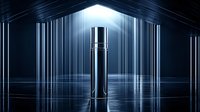 Luxury black cosmetic bottle on dark background with dramatic lighting and reflective surface. Premium skincare product presentation with modern geometric lines.
