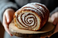 Freshly baked cinnamon swirl bread loaf with powdered sugar dusting on wooden cutting board, hands holding homemade pastry for bakery and cooking concepts.