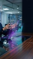 Businessman using holographic data visualization interface with glowing charts and graphs in modern office environment for business analytics and financial planning.