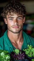 Young Caucasian male with curly brown hair and blue eyes wearing green shirt, holding fresh microgreens and lettuce. Natural lighting highlights genuine smile and healthy produce.
