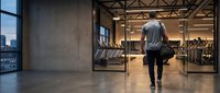 Young businessman walking through modern industrial office space with exposed ceiling beams and large windows during evening hours for corporate lifestyle concepts.