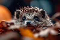 Adorable hedgehog with bright blue eyes peeking through autumn leaves, spiky quills and whiskers visible in warm seasonal forest setting.