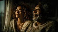 Happy African American father and adult daughter sharing warm moment together at home during golden hour lighting creating intimate family bonding scene.