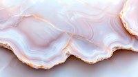 Delicate pink and white agate crystal slice with natural wavy layers and golden edges on light background, macro photography showing mineral texture details.
