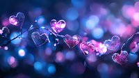 Glowing heart-shaped fairy lights creating romantic atmosphere against dark blue background with pink and purple bokeh effects for Valentine's Day celebrations.