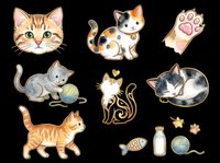 Cute cats collection with tabby, calico, and gray kittens in playful poses. Includes cat paw print, fish toy, milk bottle, and yarn ball. Isolated on transparent background, ready for t-shirts, stickers, clipart, and print-on-demand designs.