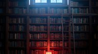 Grand library interior with towering wooden bookshelves filled with books, dramatic lighting streaming through tall windows creating atmospheric ambiance.