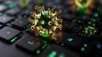 Glowing virus cell on computer keyboard with green illumination, digital health concept showing cybersecurity and medical technology risks in modern world.