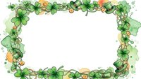 Watercolor shamrock clover frame border with gold coins and leprechaun hat on white background for St Patrick's Day greeting cards and festive designs.