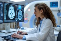 Young female doctor with long curly hair in white coat analyzing brain MRI scan results on multiple monitors in modern medical diagnostic center.