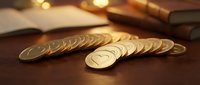 Gold coins arranged on wooden surface with open book and candlelight in background, suitable for finance, wealth, investment, and luxury concepts.