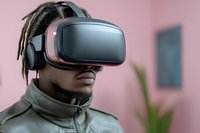 Young African American man wearing VR headset experiencing virtual reality technology in modern pink interior setting for gaming and digital entertainment.