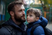 Caucasian father with beard wearing navy jacket holds young son in blue winter coat outdoors, sharing tender moment of paternal bonding and connection.