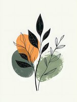 Minimalist botanical line art with black leaves against orange and sage green circles on cream background. Abstract floral composition for modern wall decor.