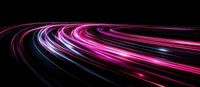 Glowing pink and purple light trails curve against dark background creating dynamic motion effect, suitable for technology and innovation concepts.