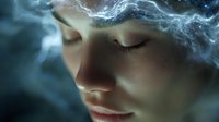 Ethereal close up portrait with glowing electric energy and mystical fog surrounding peaceful face with closed eyes and serene expression against dark background.