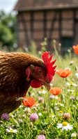Brown hen pecking among colorful wildflowers in rustic farmyard garden with traditional cottage background for organic farming and countryside lifestyle.